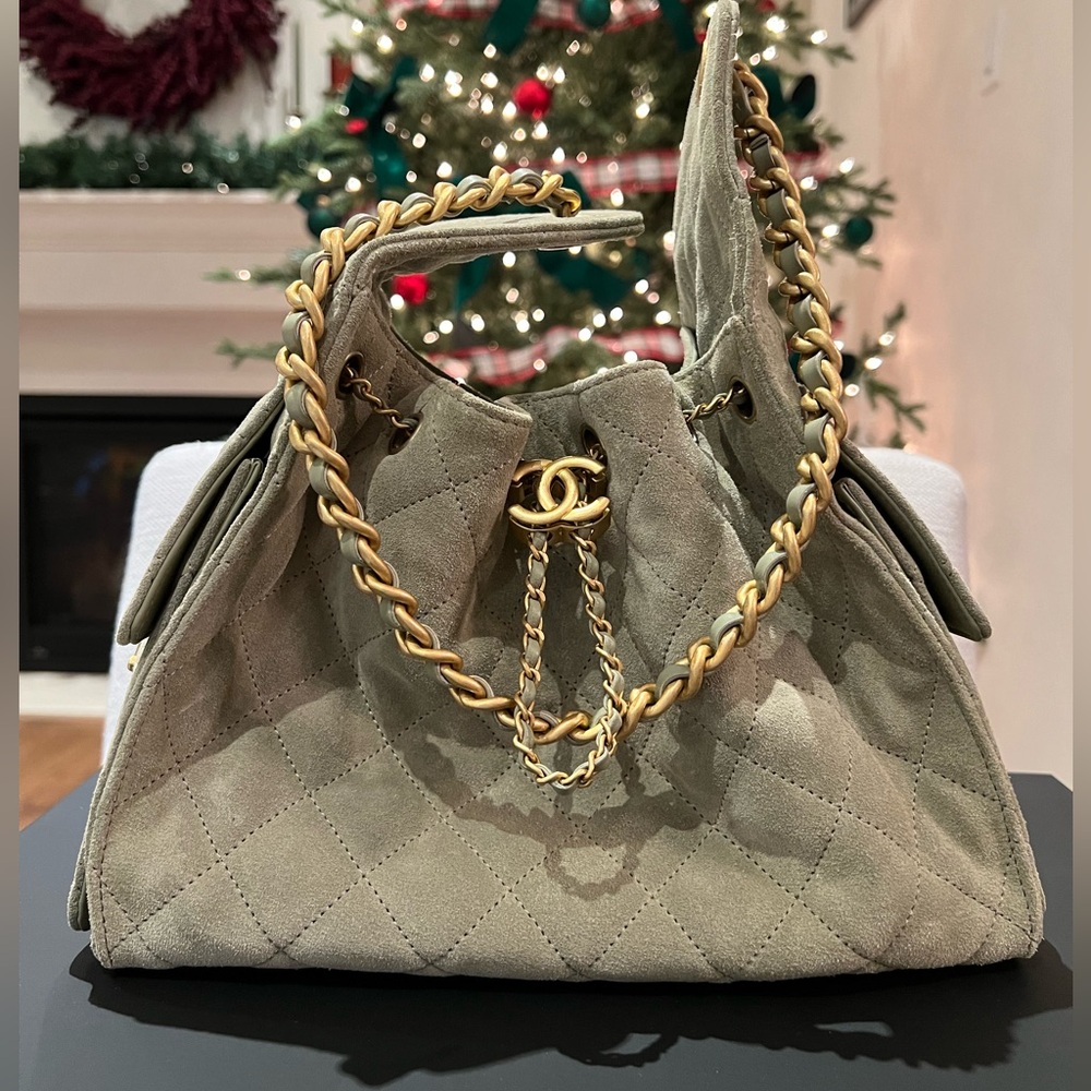 Authentic Chanel 25 small suede khaki